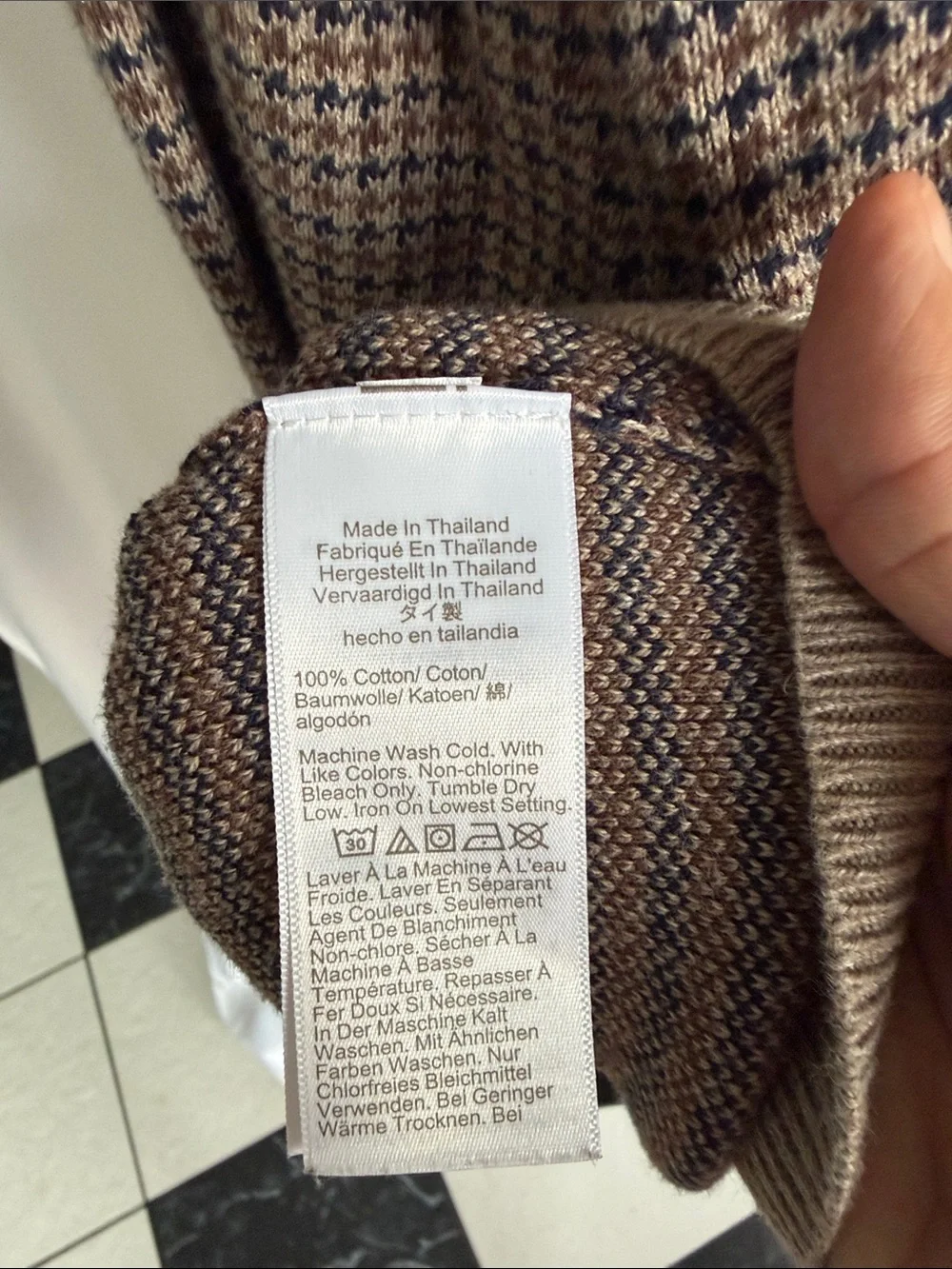 J Crew Houndstooth Sweater Mens M Brown Beige Cotton Knit Crewneck Pullover
